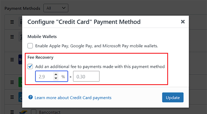 Check the Fee recovery option Check the Fee recovery option
