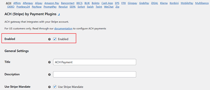 Enable ACH payments Enable ACH payments